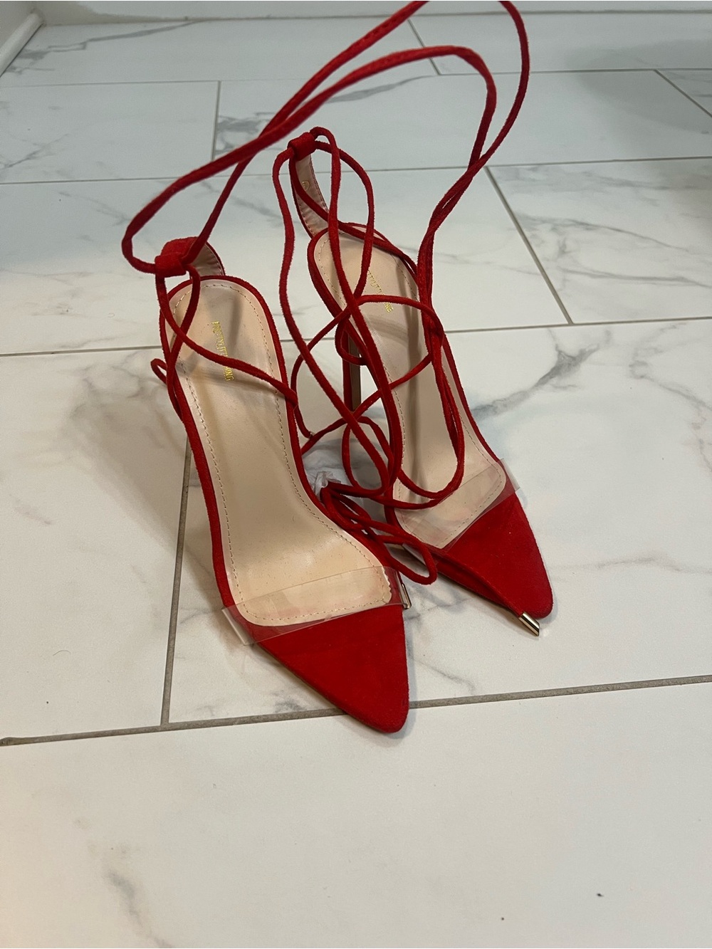 PrettyLittleThing Red Lace-Up Pointed Toe Stiletto Heels
